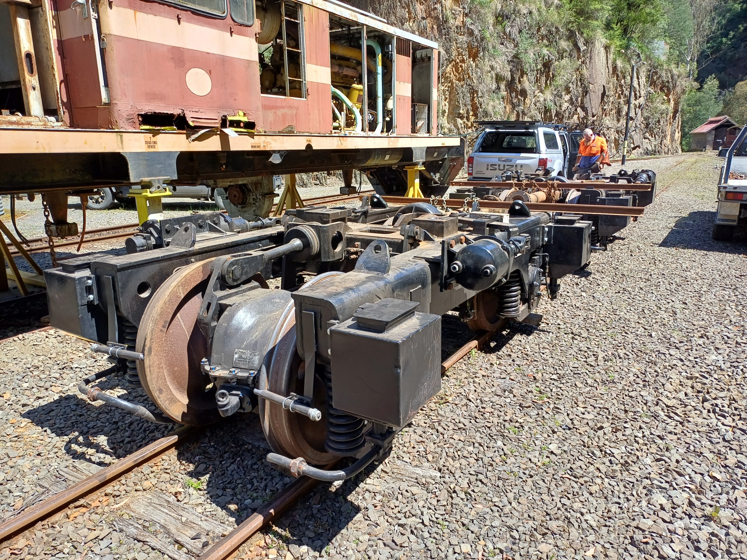 DH bogies arrive in Walhalla station yard in readiness to be fitted to the locomotive frame.